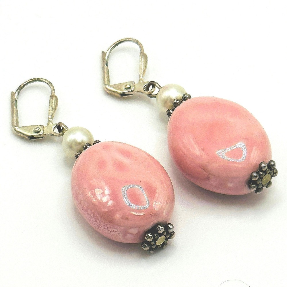 Pink Art Glass Dangle Earrings Faux Pearl Leverback Cottagecore Boho Coquette